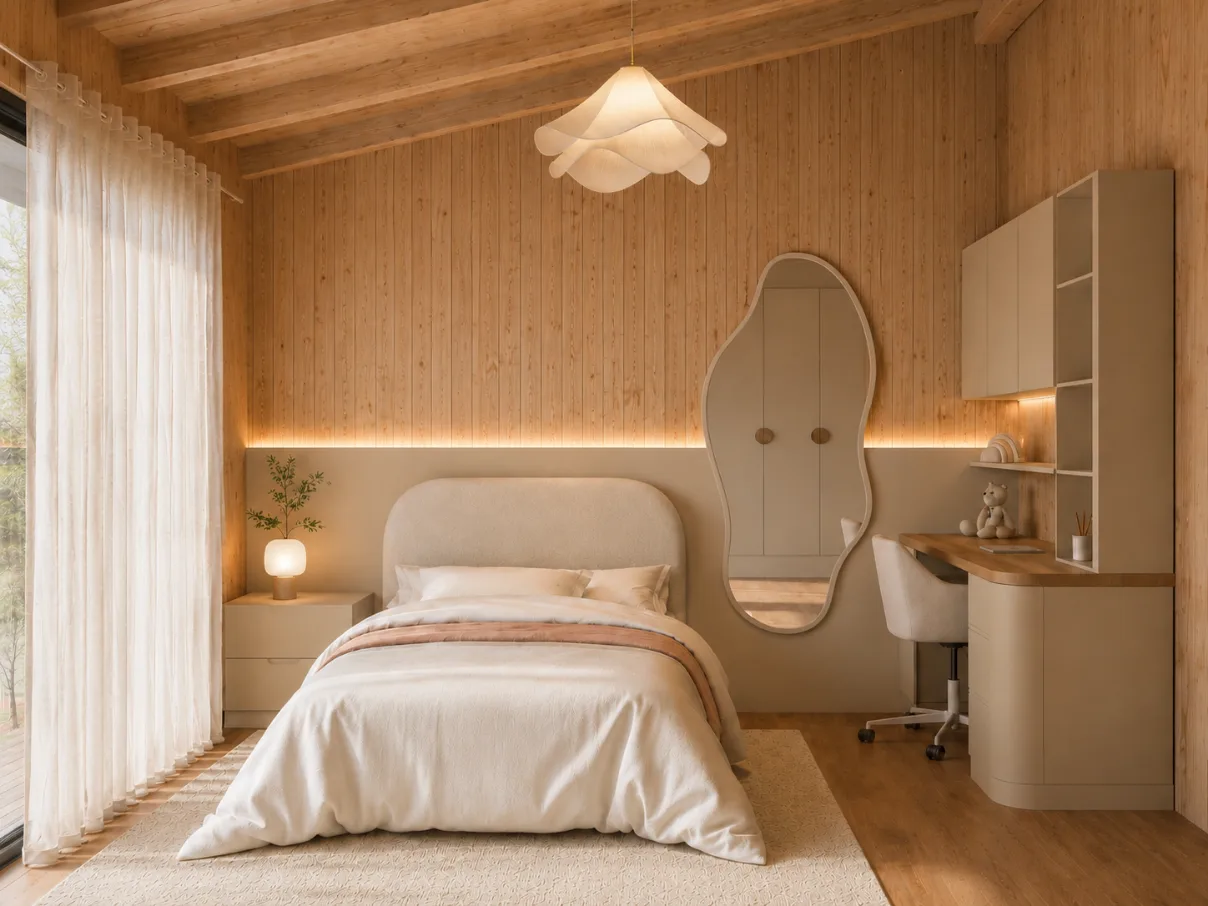 Dormitorio infantil de la casa Aldea con cabecera curva tapizada, espejo orgánico, escritorio a medida y luz indirecta sobre el revestimiento de madera