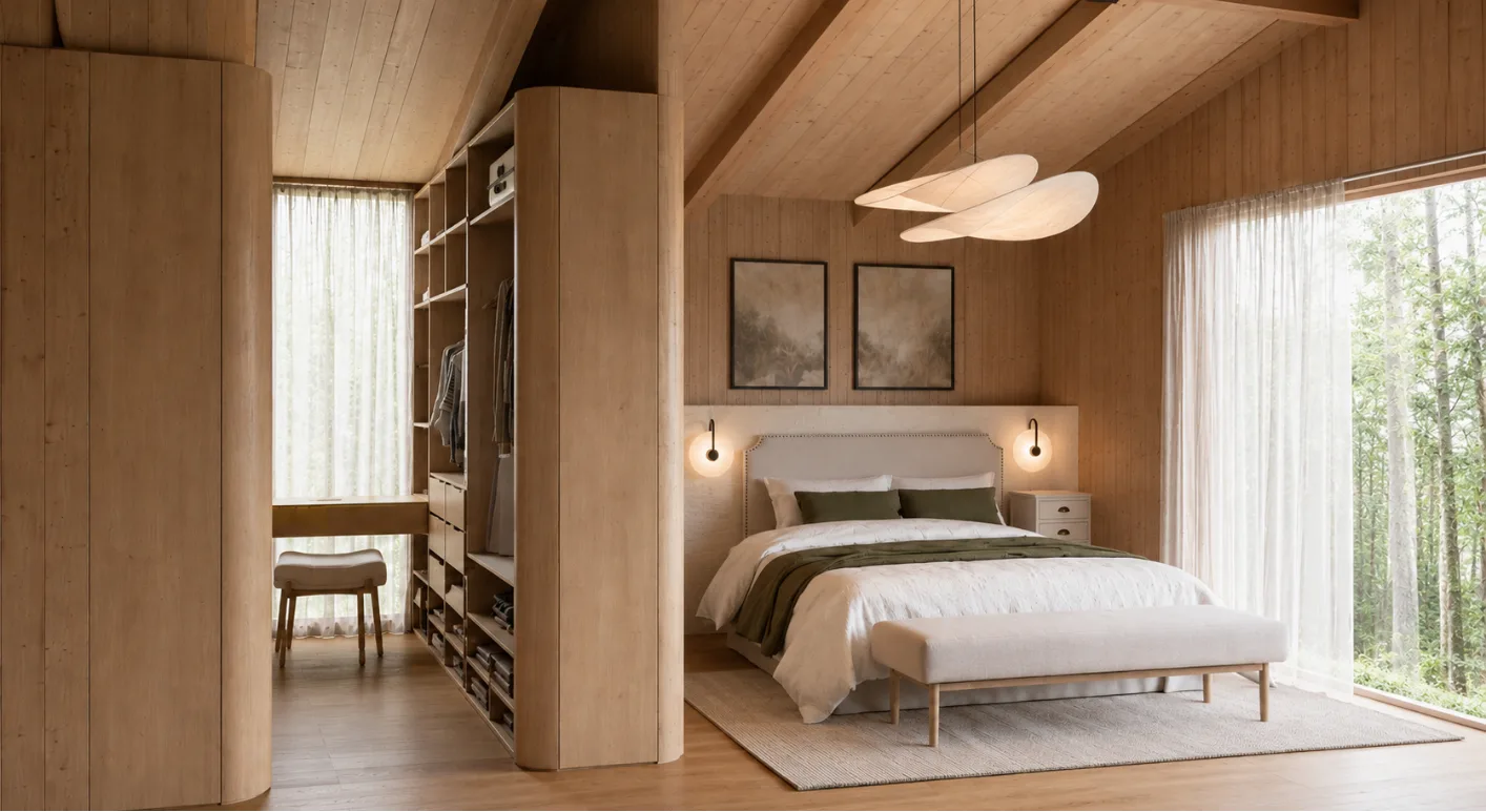 Dormitorio principal de la casa Aldea con vestidor abierto de madera, cabecera tapizada, apliques de luz y ventanal al bosque