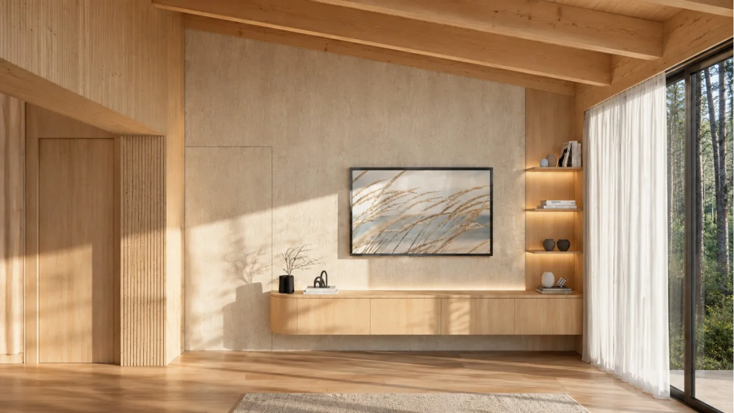 Living de la casa Aldea con pared de microcemento, mueble suspendido de madera a medida, estantería iluminada y ventanal al bosque