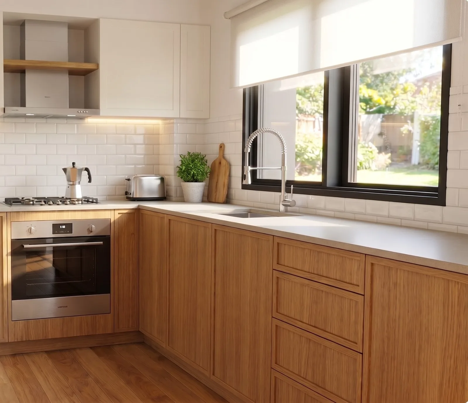 Cocina del proyecto Andrea con muebles de madera enmarcados, mesada clara y azulejo subway blanco