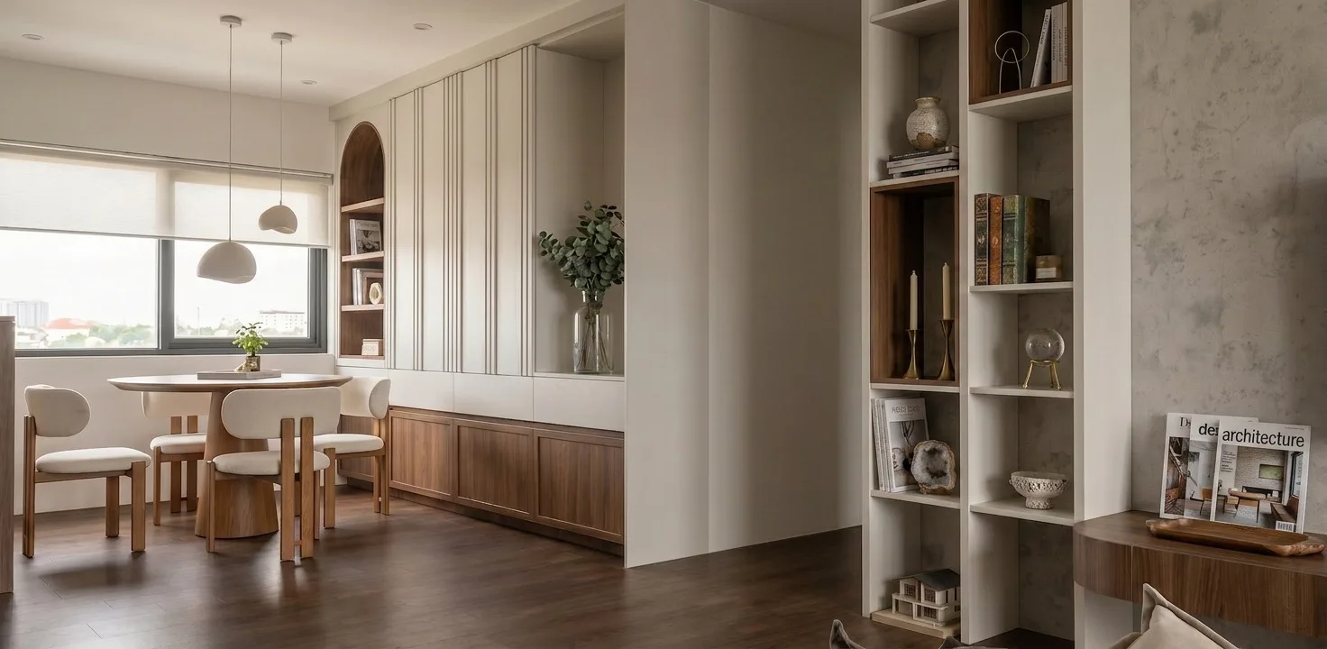Comedor y biblioteca a medida del proyecto Andrea, en Malvín, con boiserie clara y mobiliario diseñado por MÚKAMÜ HOME