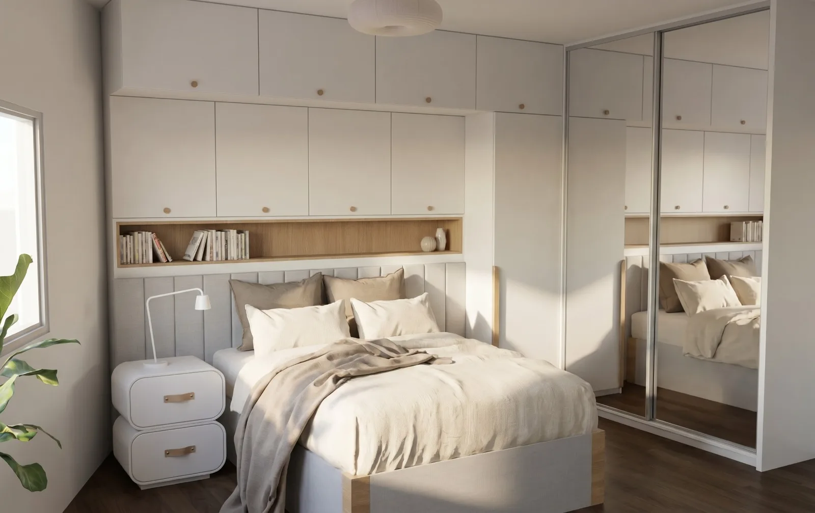 Dormitorio del proyecto Andrea con luz natural, guardado a medida y mesas de luz curvas