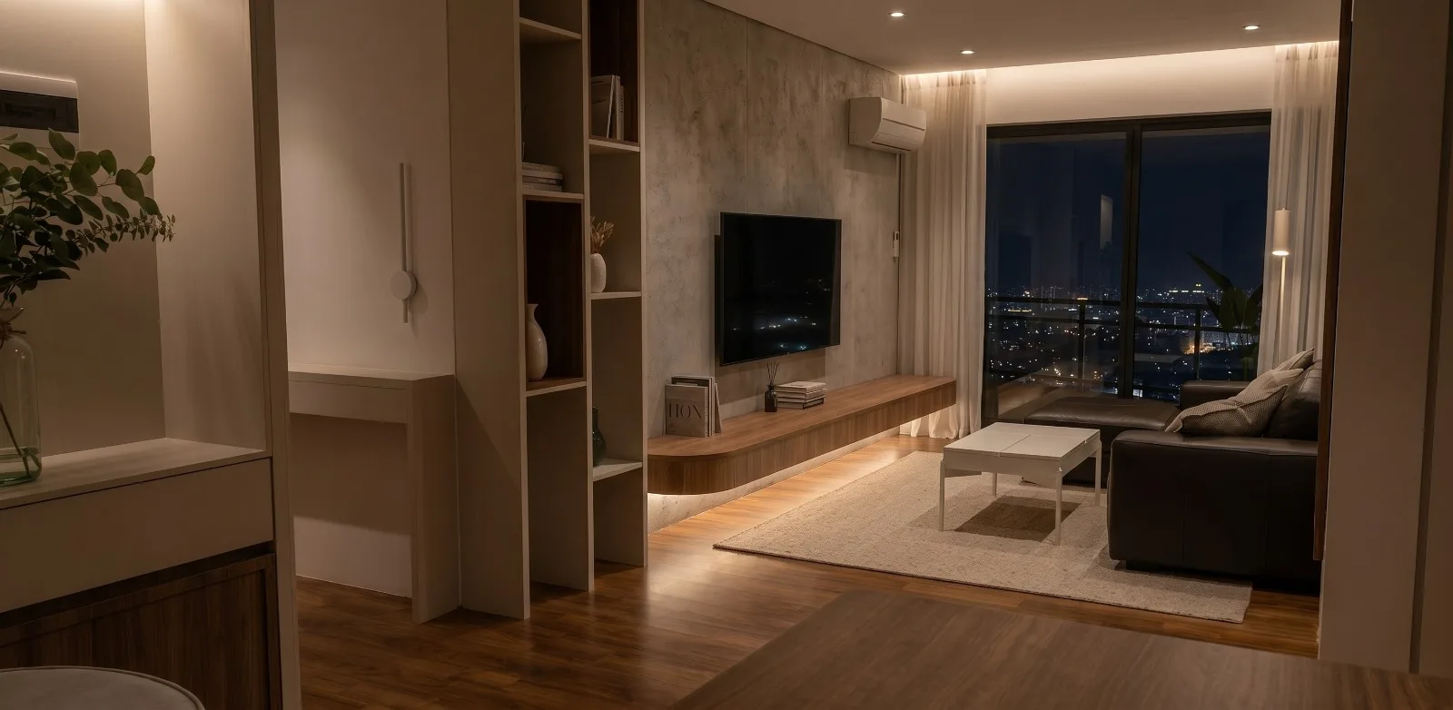 Living del proyecto Andrea de noche, con luz indirecta y vista a la ciudad