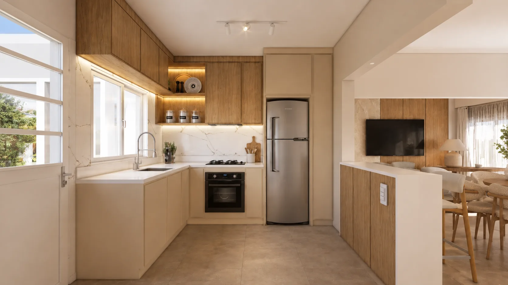 Cocina del proyecto La Paz con muebles de roble y laca beige, mesada clara y frente de mármol