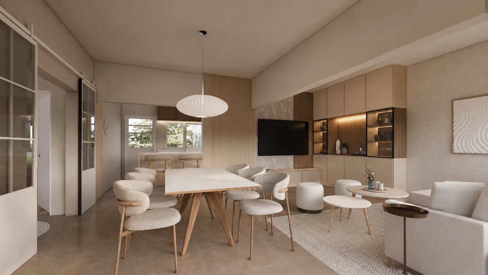 Alternativa de distribución del living comedor de La Paz con mesa rectangular y sillas de bouclé
