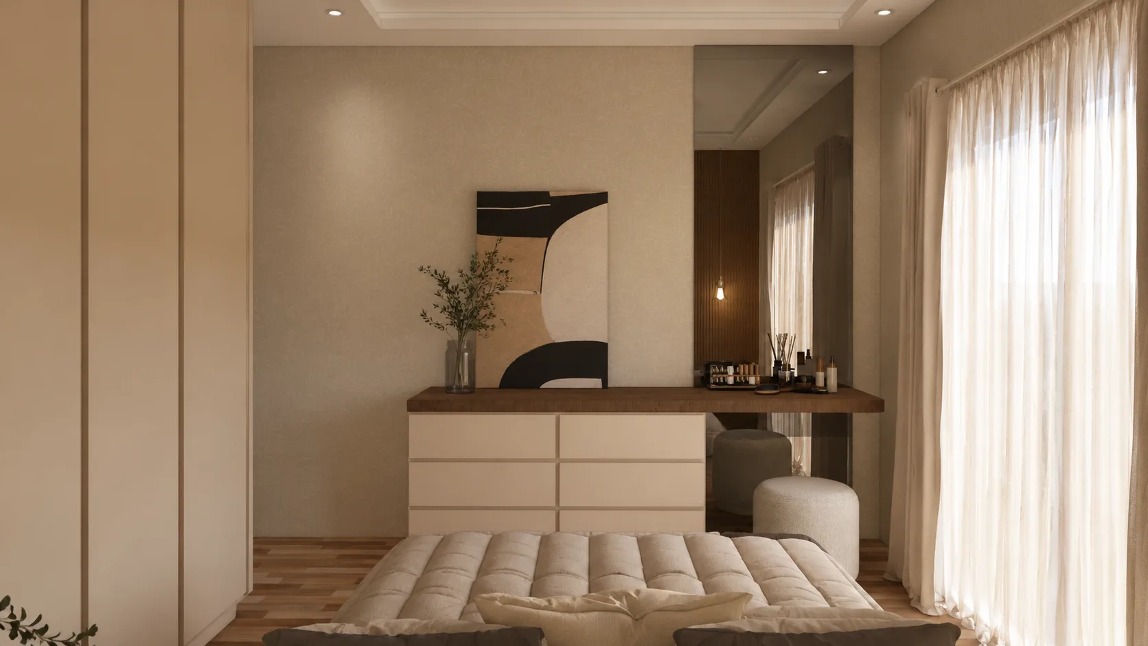 Tocador y cómoda a medida del dormitorio de La Paz, con espejo y obra de arte