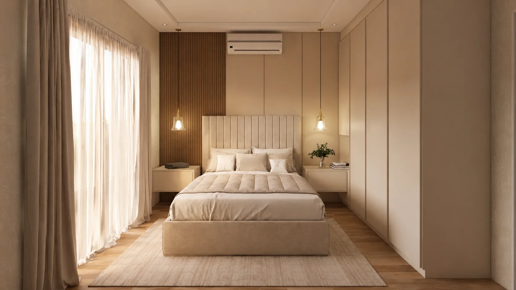Dormitorio principal del proyecto La Paz con cabecera tapizada, lamas de madera, placard integrado y luz cálida