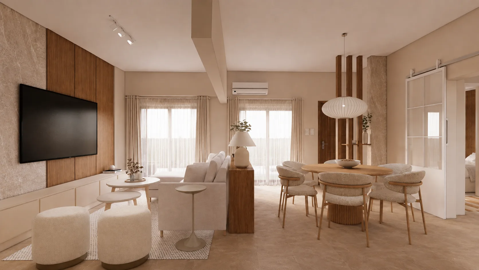 Living del proyecto La Paz con sofá claro, mesas nido y vista al comedor