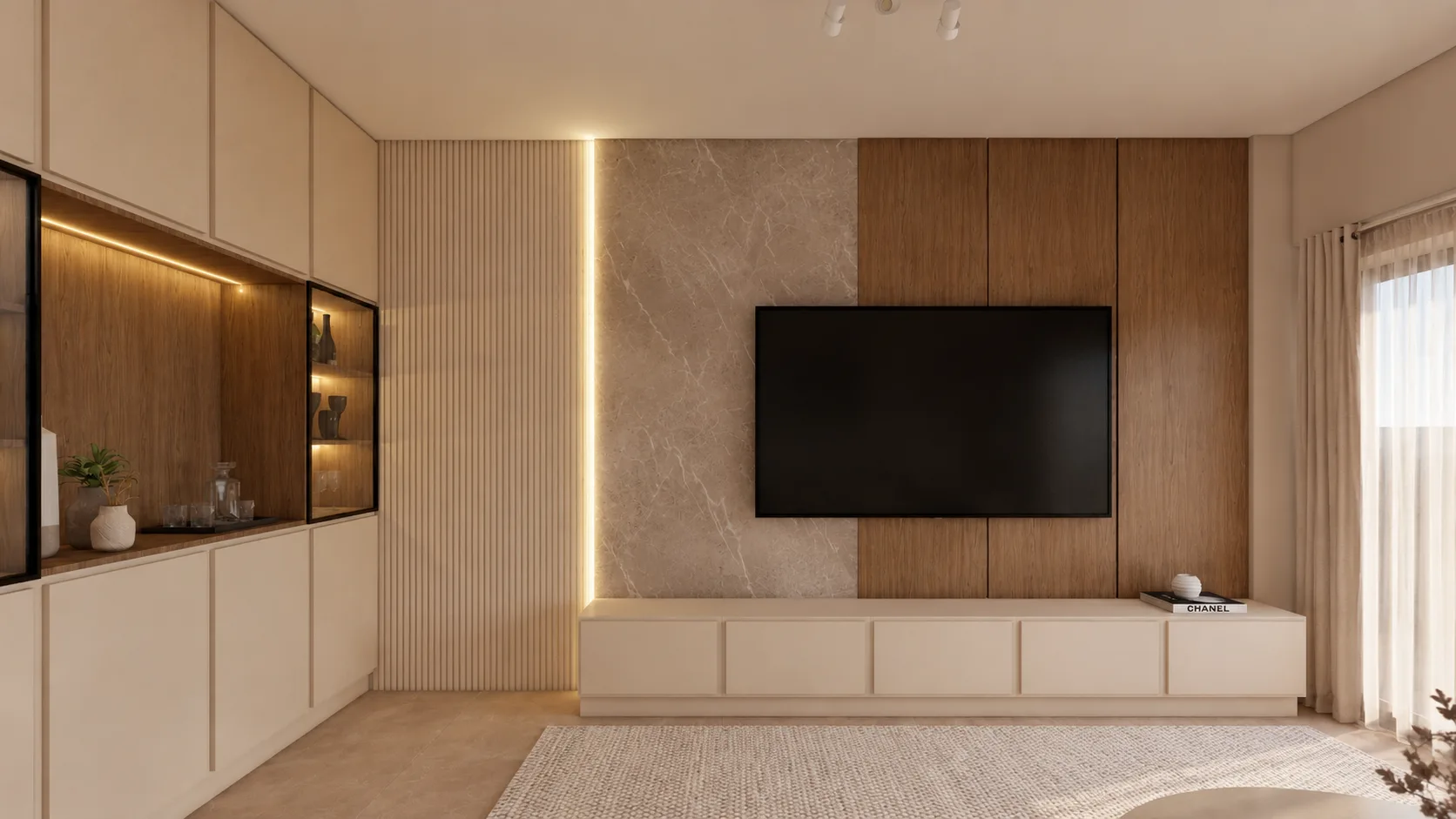 Pared de TV del proyecto La Paz en mármol, madera y lamas, con mueble bajo a medida y luz indirecta