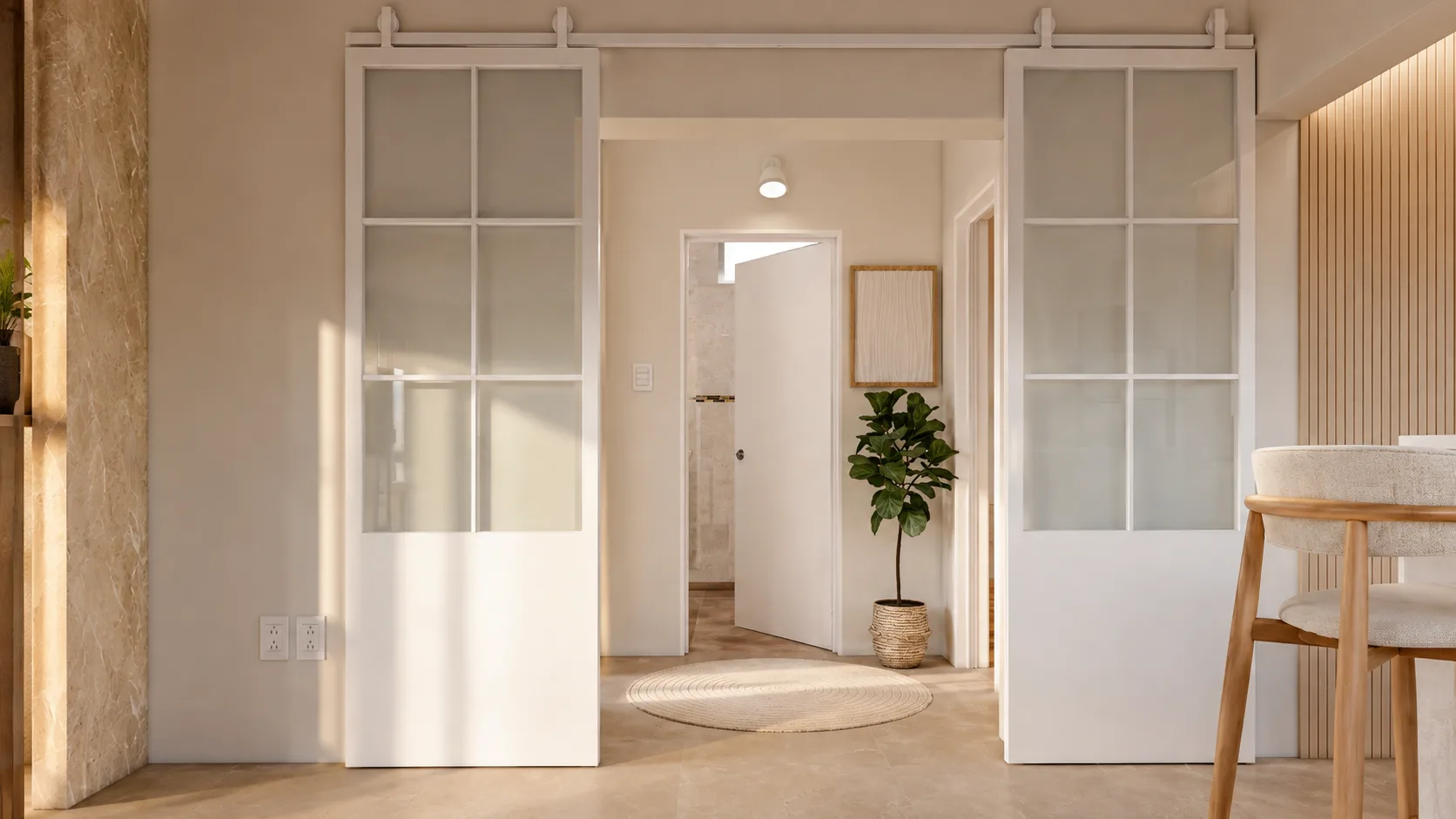 Puertas corredizas vidriadas de acceso al área privada en el proyecto La Paz, con luz natural sobre porcelanato beige