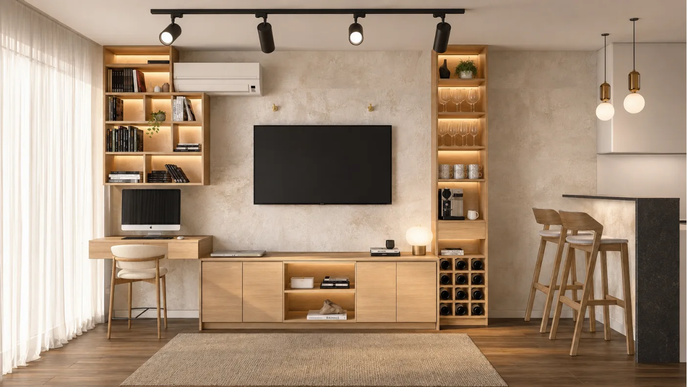 Pared de living del proyecto Magallanes con mueble de roble a medida, biblioteca iluminada y escritorio integrado