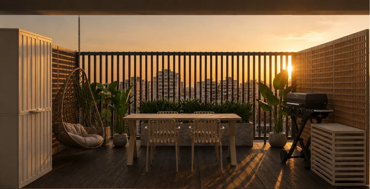 Terraza del proyecto Magallanes al atardecer, con mesa de exterior, parrillero, sillón colgante y paneles de lamas de madera