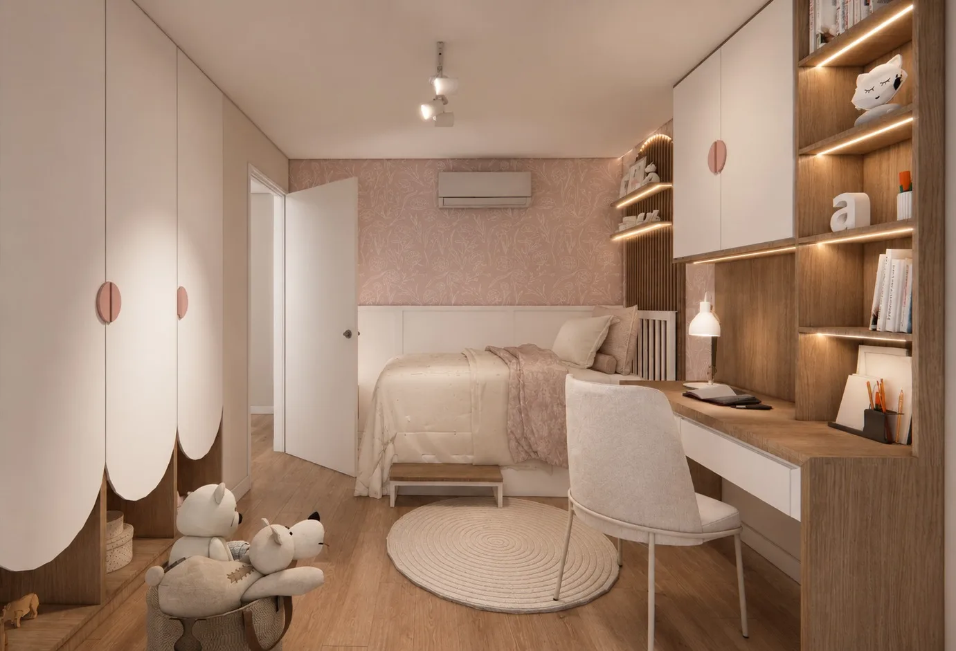 Dormitorio infantil del proyecto Los Olímpicos con empapelado rosado, escritorio a medida y biblioteca iluminada
