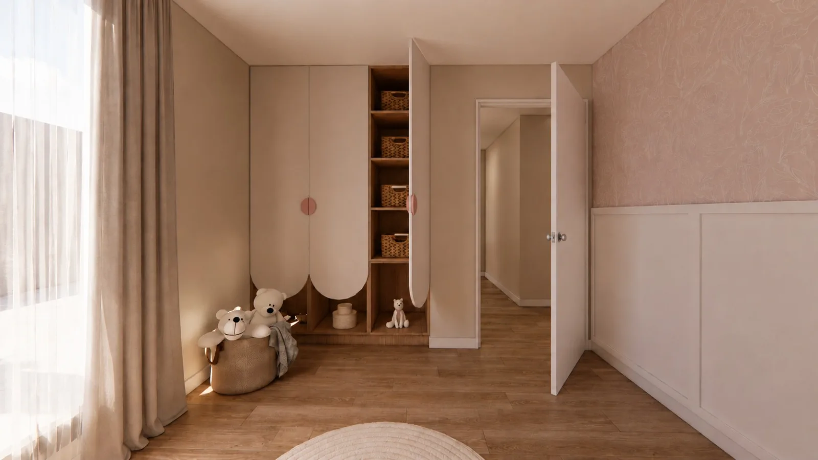 Placard de puertas curvas y guardado a medida del dormitorio infantil de Los Olímpicos