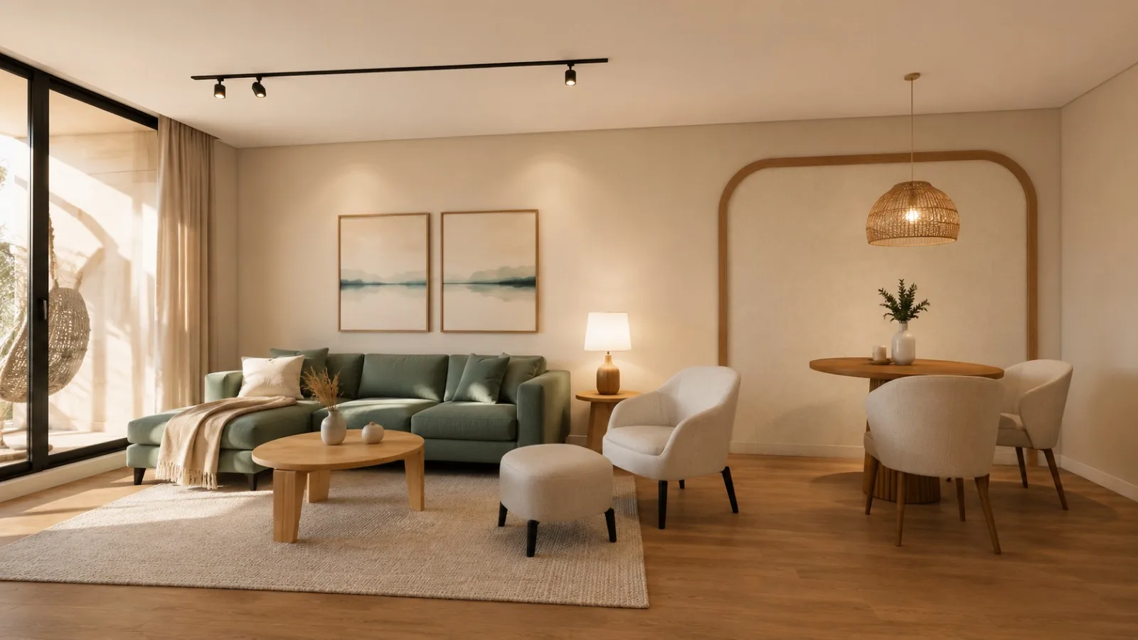 Alternativa del living de Los Olímpicos con sofá verde salvia y mesa de comedor redonda
