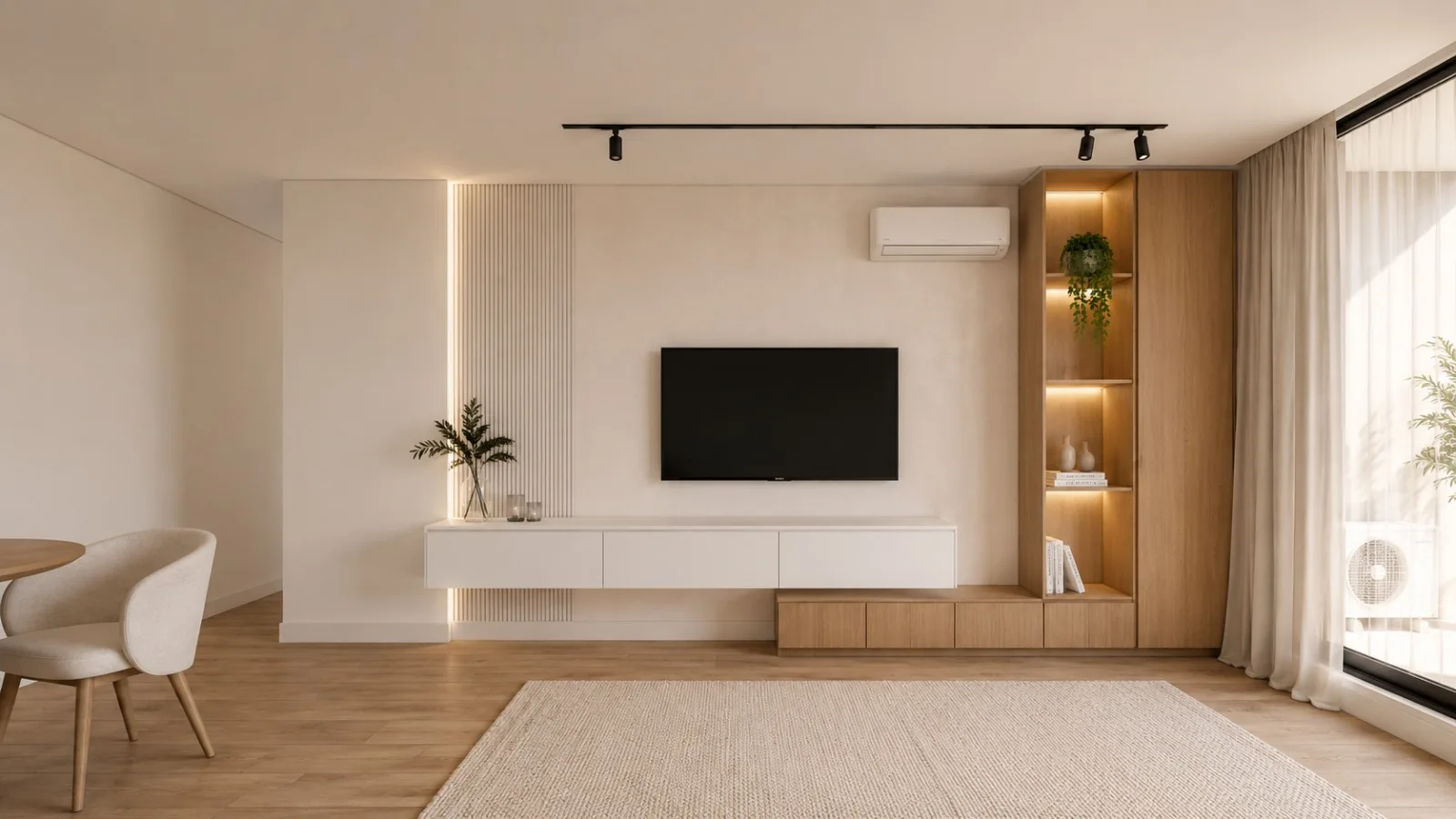 Pared de TV de Los Olímpicos con mueble suspendido blanco, lamas y estantería iluminada