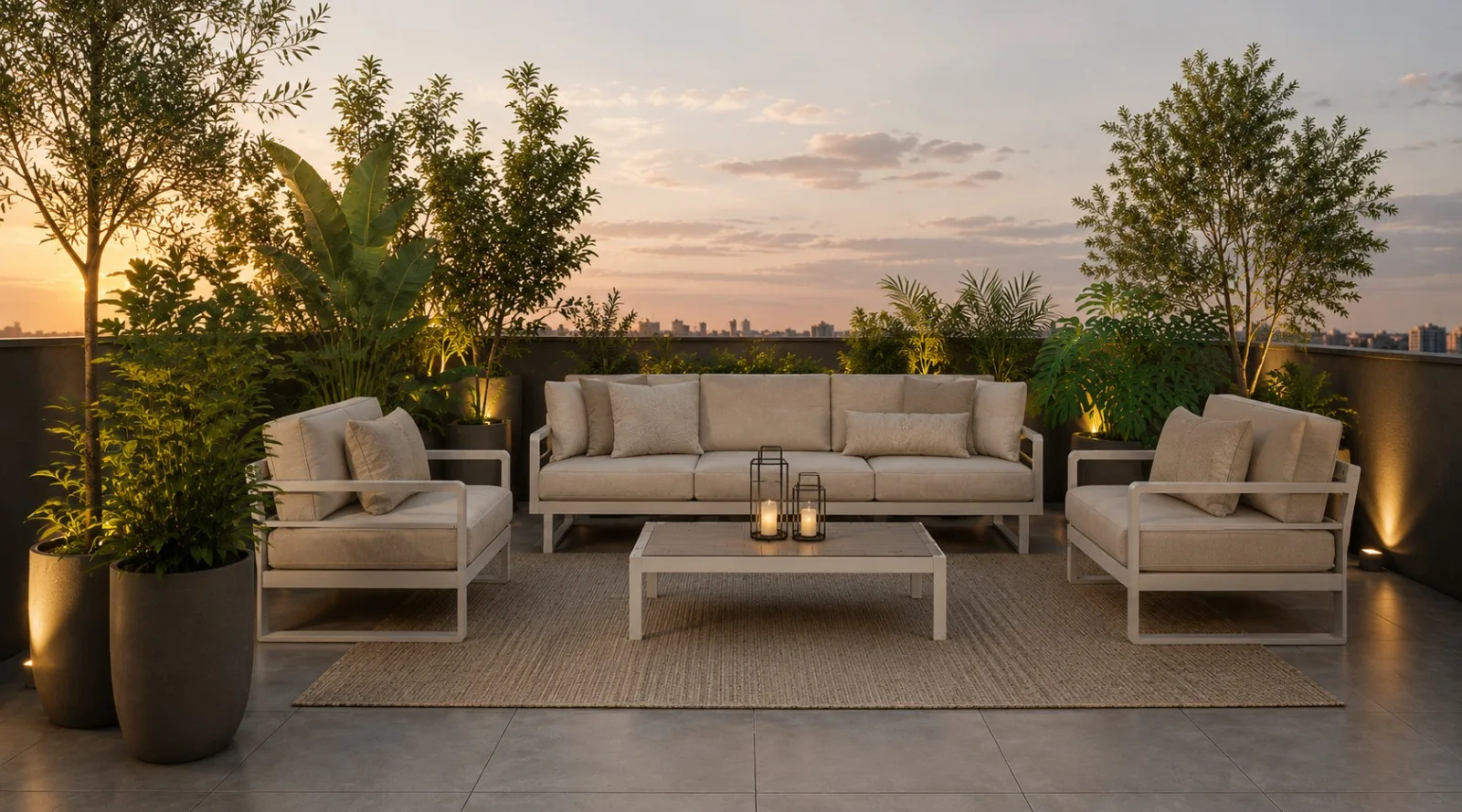 Terraza del proyecto Los Olímpicos al atardecer, con sillones de exterior, plantas y luz cálida