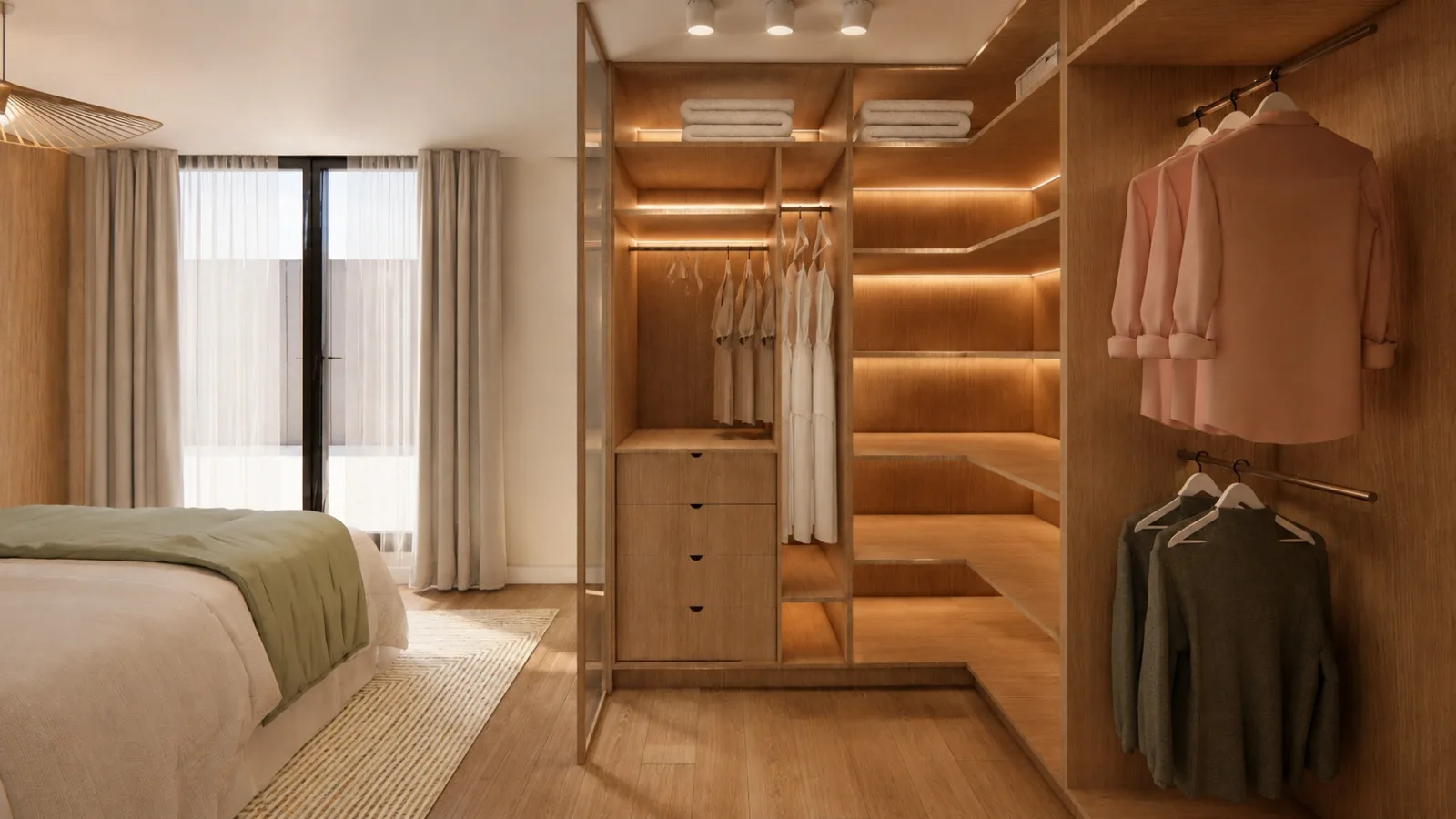 Vestidor de roble iluminado visto desde el dormitorio en Los Olímpicos
