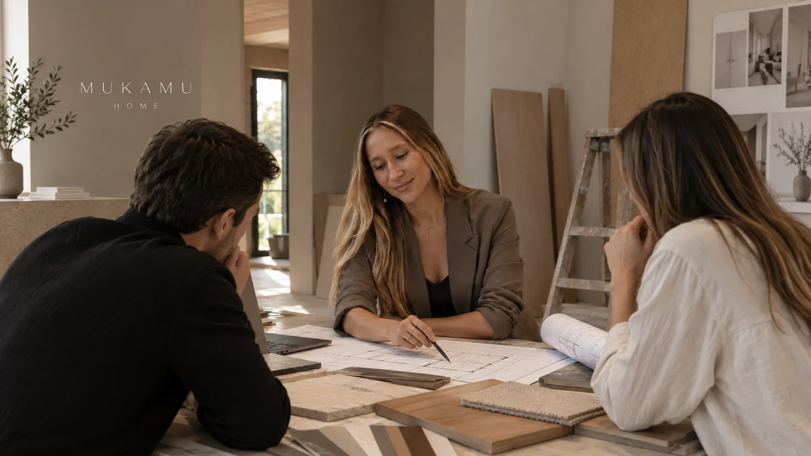 Reunión de proyecto en el estudio MÚKAMÜ HOME: planos, muestras de materiales y maderas sobre la mesa de trabajo