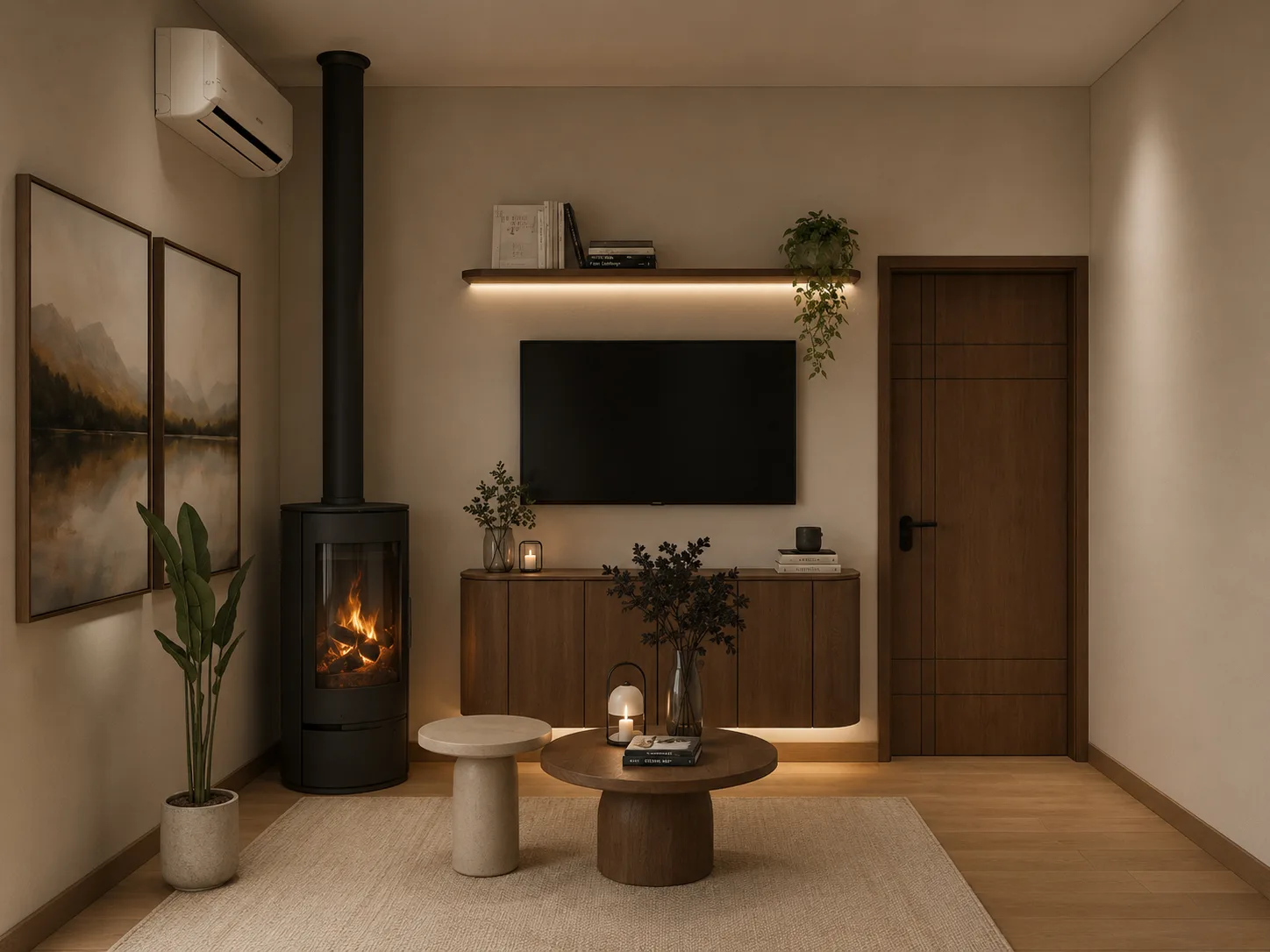 Living del proyecto Prado con estufa a leña, mueble curvo de madera a medida y estante iluminado, diseñado por MÚKAMÜ HOME