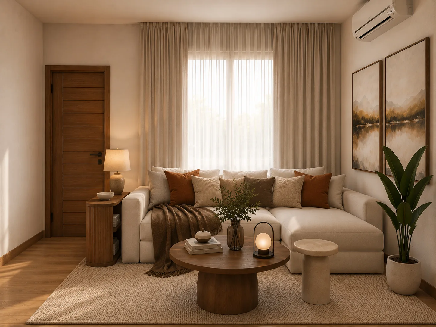 Living del proyecto Prado con sofá claro, almohadones terracota, mesa baja de madera y luz natural filtrada por cortinas de lino